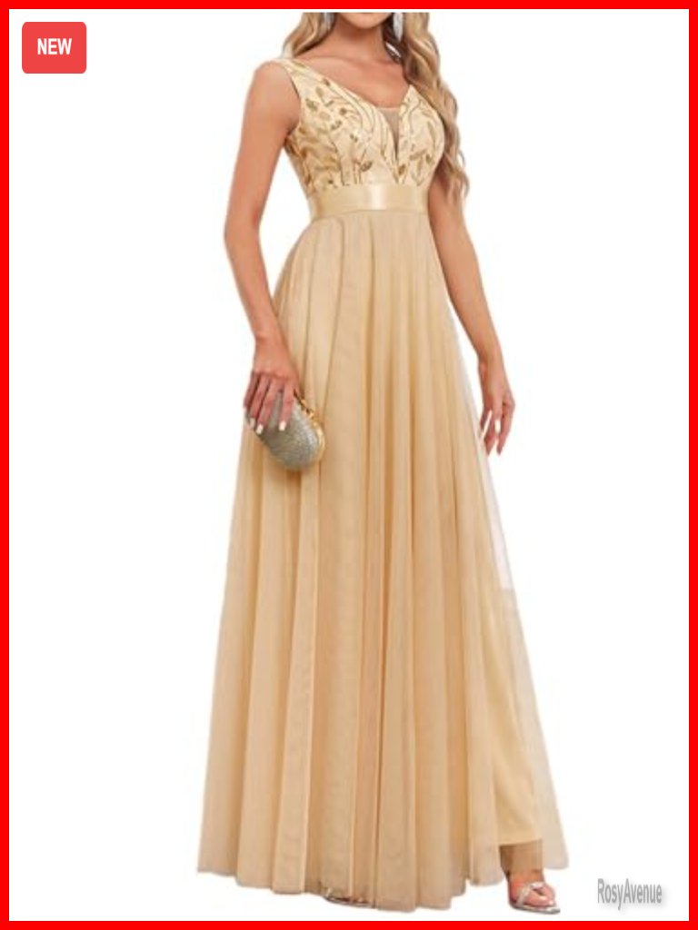 Formal Long Evening Gown Tulle V Neck Sleeveless Sparkly Sequin Cocktail Party
